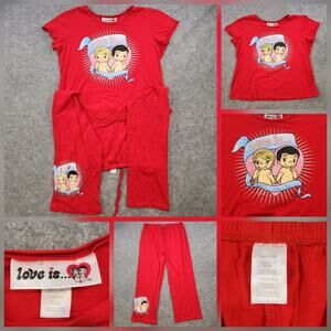 VTG Kim Casali Love Is Shirt Pants Pajama Set Womens 14/16 L Large Red Mimikim